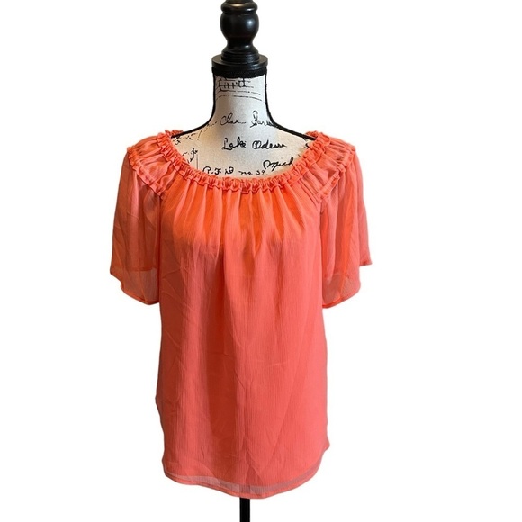 DKNY Chiffon Off the Shoulder Top Coral Orange Size Medium NWT Ruffle Crinkle - Picture 1 of 9